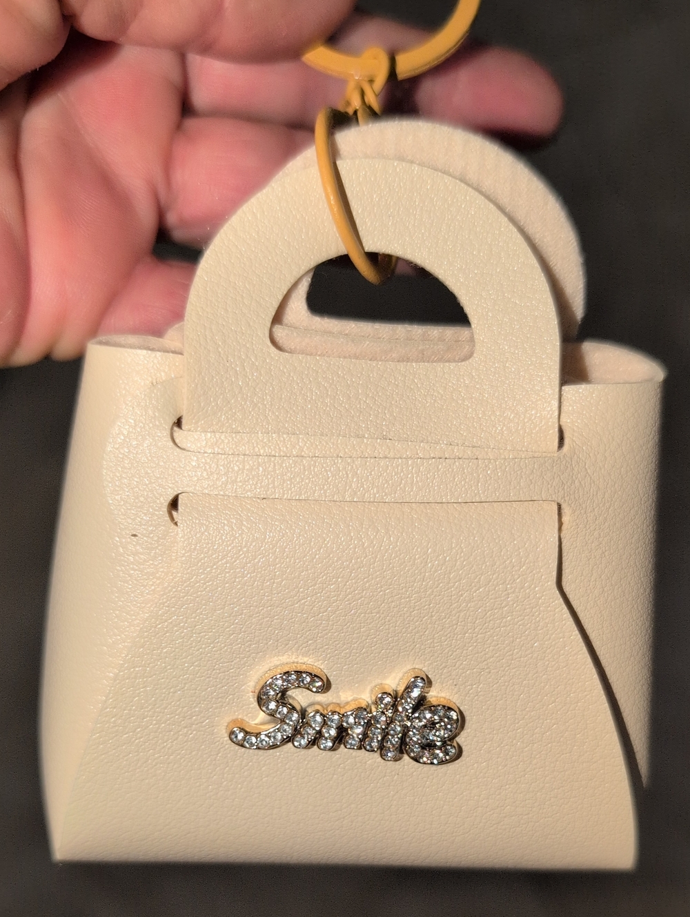 Cream  Mini Tote Keychain Bag Charm With Smile Crystal Embellishments By Sisi